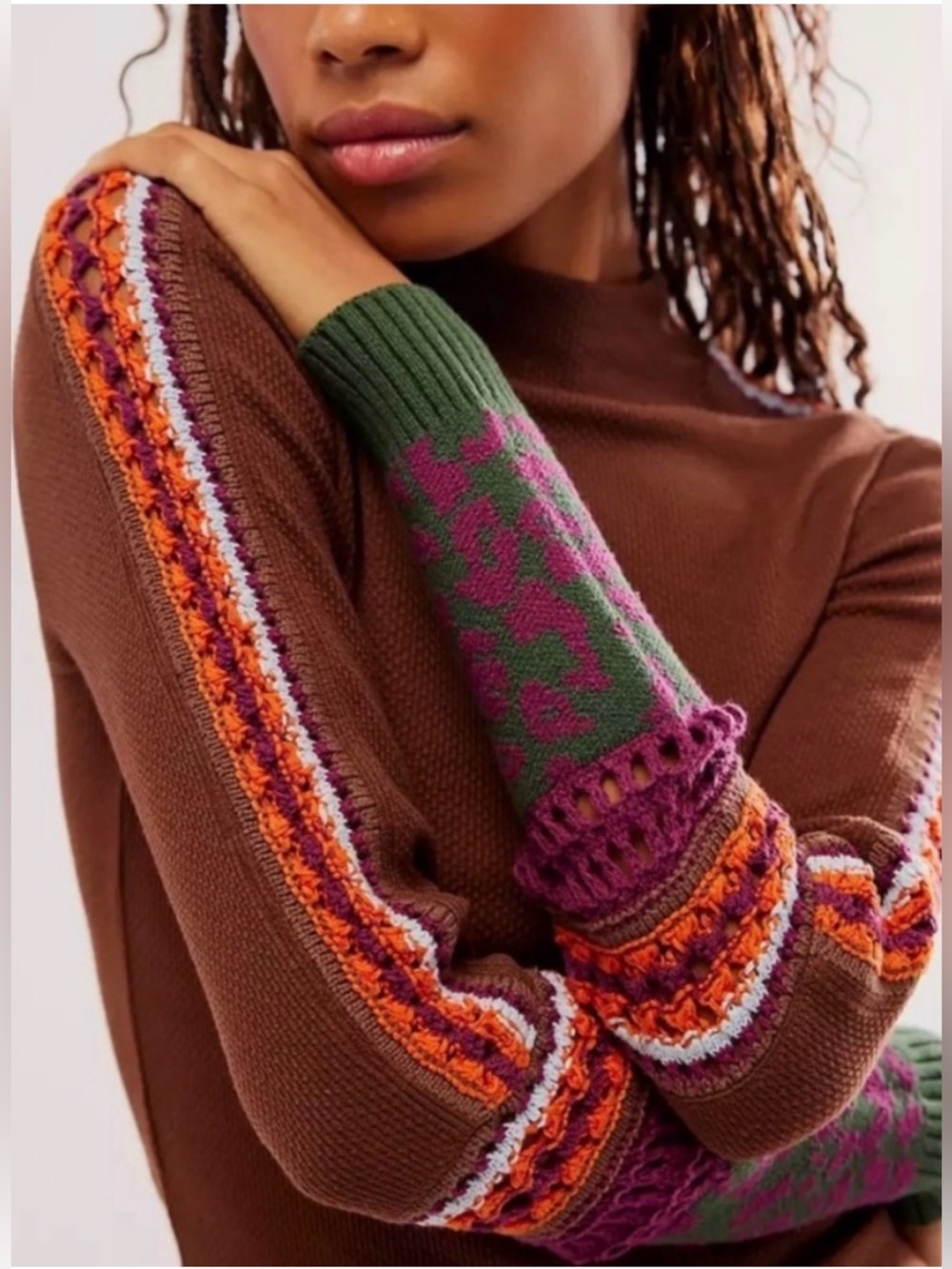 Free People Switch It Up Top Small Brown Crochet Floral Mixed Knit Sweater
